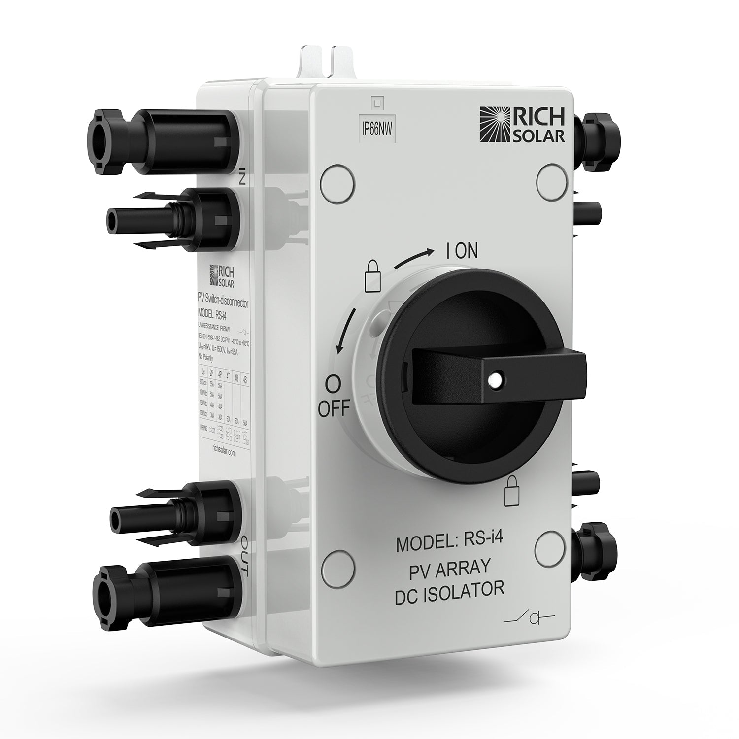 Rich Solar Solar PV DC Quick Disconnect Switch | Solar Array DC Quick Disconnect Switch | 1500 Volt 55 Amp | 4 Pole 2 Strings - RS-i4