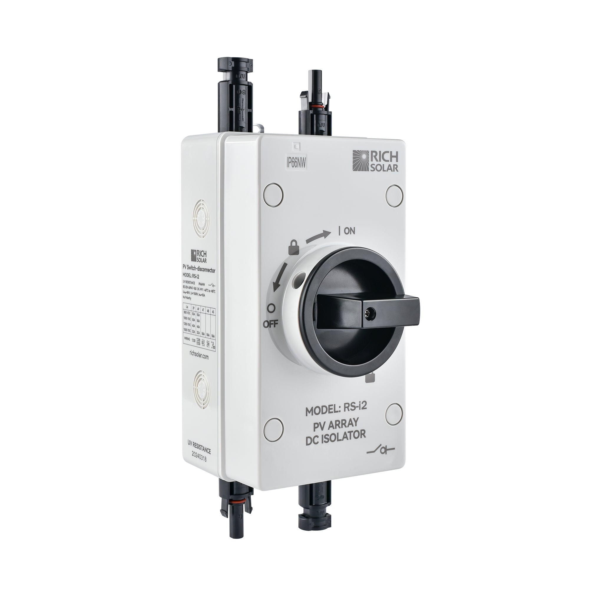 Rich Solar Solar PV DC Quick Disconnect Switch | Solar Array DC Quick Disconnect Switch | 1500 Volt 55 Amp | 2 Pole 1 String - RS-i2